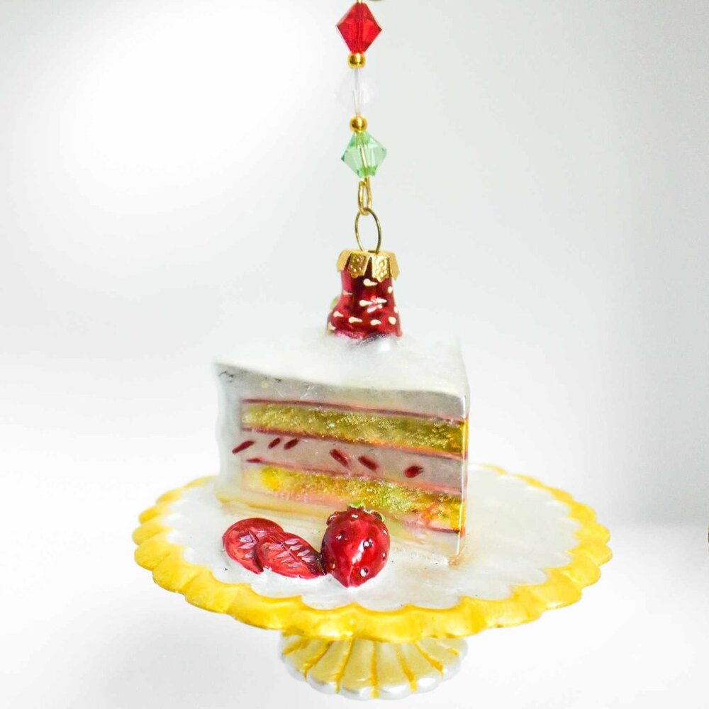 Glittered Layer Cake on Stand Glass Christmas Ornament - Strawberry Cake Slice